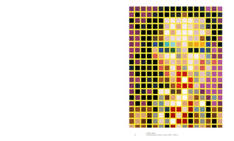 Ein Kunstwerk, das ein verpixeltes Gesicht darstellt. Es besteht aus einem Gitter bunter Quadrate, die durch gelbe Linien getrennt sind. Das Gesicht in der Mitte hat helle Farbtöne, während die Ränder dunkle lila und schwarze Quadrate aufweisen.