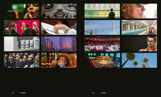 Fotocollage auf einer schwarzen Doppelseite über Los Angeles. Gezeigt werden Szenen aus dem Filmgeschäft wie Prominente auf dem roten Teppich und Brad Pitt, gemischt mit Stadtansichten wie Palmen, einer Skyline bei Sonnenuntergang und Alltagsmomenten.