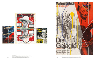 Zwei Buchseiten aus einem Kunstkatalog, die mit geometrischen Linien und Kreisen übermalte Filmplakate zeigen. Links sind drei kleinere Plakate, rechts ein großes deutsches Plakat mit Marlene Dietrich für den Film Die Gejagten.