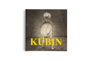 Das Buchcover des Kunstbandes KUBIN zeigt eine düstere Zeichnung einer surrealen, skelettartigen Frauengestalt mit einem großen, geschwollenen Bauch vor einem leuchtenden Hintergrund. Der Titel KUBIN ist in großen gelben Buchstaben darüber gelegt.