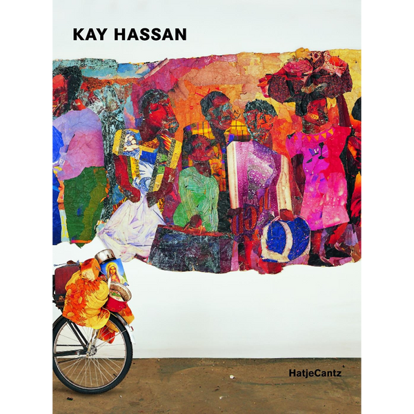 Eine farbenfrohe Collage einer Gruppe von Menschen über einem schwer beladenen Fahrrad auf dem Buchcover von Kay Hassan.