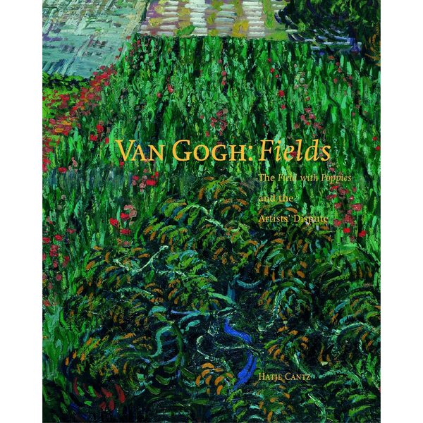 Das Buchcover von Van Gogh: Fields zeigt ein postimpressionistisches Gemälde eines üppig grünen Feldes, das mit roten Mohnblumen übersät ist.