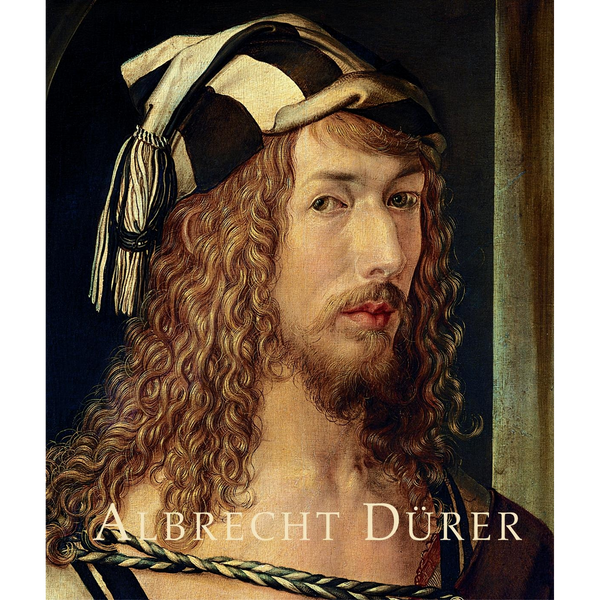 Selbstporträt von Albrecht Dürer als junger Mann mit langen, lockigen Haaren und einer schwarz-weiß gestreiften Kopfbedeckung.