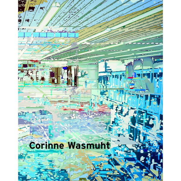 Ein abstraktes Gemälde von Corinne Wasmuht, das einen hellen, fragmentierten Innenraum in Blau-, Grün- und Beigetönen zeigt.