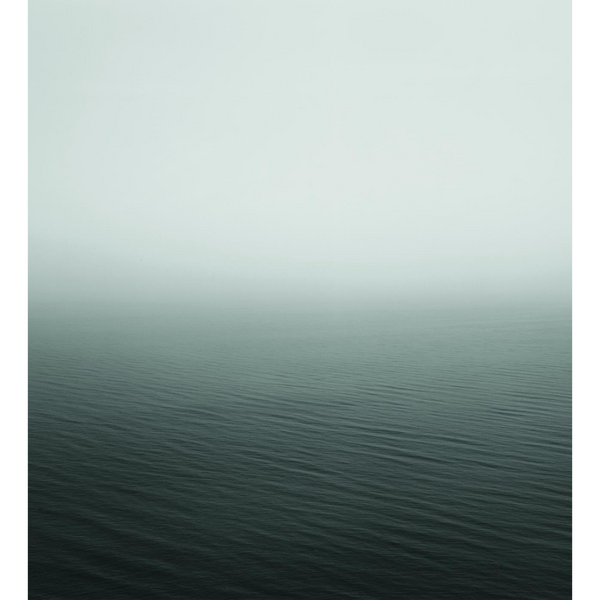 Eine ruhige, dunkelgrüne Wasseroberfläche, die in dichten, hellen Nebel übergeht.