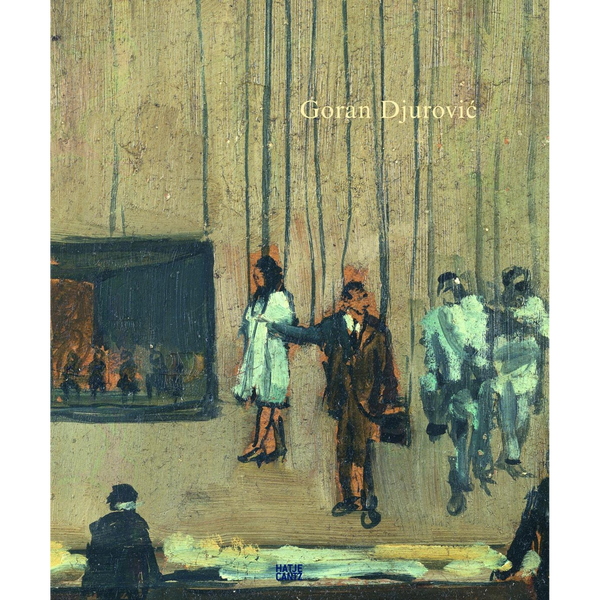 Ein Gemälde auf dem Buchcover von Goran Djurović, das mehrere Personen darstellt, die wie Marionetten an Fäden vor einer strukturierten Wand hängen.