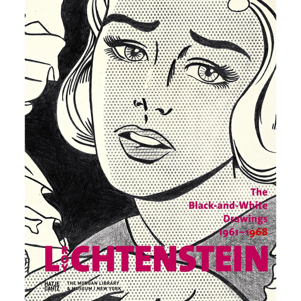 Das Buchcover zeigt eine Schwarz-Weiß-Zeichnung von Roy Lichtenstein, die das besorgte Gesicht einer Frau im Comic-Stil mit Punkt-Rasterung darstellt. Der Titel, Lichtenstein: The Black-and-White Drawings 1961-1968, ist in pinker Schrift darübergelegt.