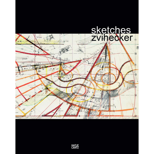 Eine farbenfrohe, komplexe Architekturskizze auf dem schwarzen Cover des Buches Sketches von Zvi Hecker.