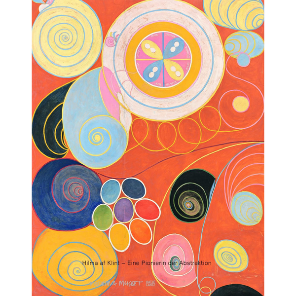 Ein abstraktes Gemälde von Hilma af Klint, das als Buchcover dient. Es zeigt farbenfrohe Spiralen, Kreise und organische Formen auf einem leuchtend roten Hintergrund.