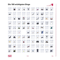 Das Cover des Buches Die 100 wichtigsten Dinge zeigt ein Raster aus 100 Fotografien von unterschiedlichen Objekten auf weißem Grund.