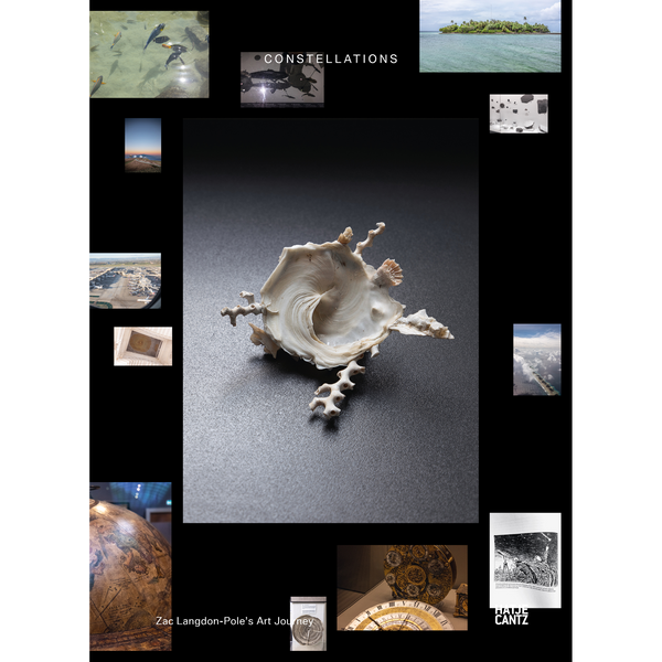 Eine Fotocollage für ein Buchcover mit dem Titel Constellations. Im Zentrum eine große, stachelige Muschel, umgeben von kleinen Bildern, die Reisen, Natur und Astronomie darstellen.