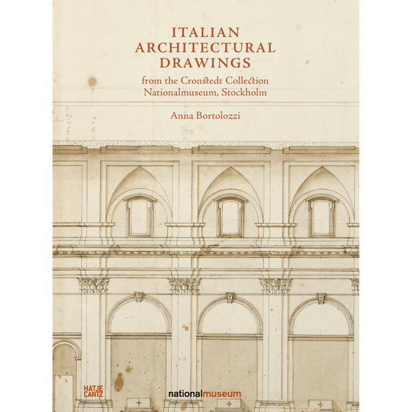 Das Cover des Buches Italian Architectural Drawings von Anna Bortolozzi zeigt eine detaillierte, historische Architekturzeichnung einer Fassade mit Bögen und Säulen.