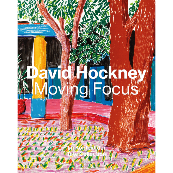 Das Buchcover von David Hockney Moving Focus zeigt ein farbenfrohes, expressives Gemälde einer Landschaft mit leuchtend roten Bäumen.