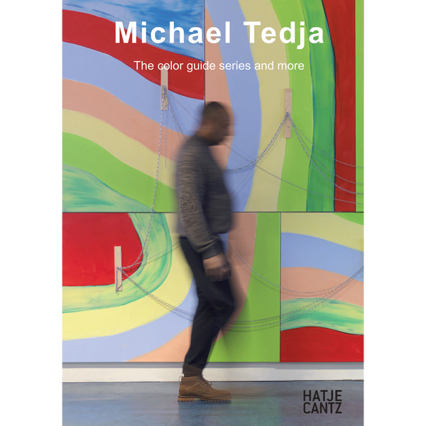 Das Buchcover von Michael Tedja, The color guide series and more, zeigt eine Person in Bewegungsunschärfe, die vor einem großen, bunten und abstrakten Gemälde geht.