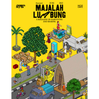 Das Pixel-Art-Cover des Magazins Majalah Lumbung zeigt eine belebte, isometrische Marktszene auf gelbem Grund, in der Menschen Waren transportieren und austauschen.