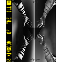 Ein schwarz-weißes Cover für das Buch Kingdom of the Ill. Das Bild ist in vier Teile geteilt und zeigt vier Arme, die entweder mit Gebetsriemen oder medizinischen Schläuchen umwickelt sind und sich in der Mitte aufeinander zu bewegen.