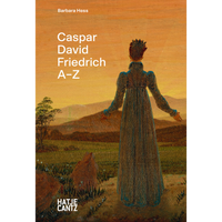 Buchcover für Caspar David Friedrich A-Z. Es zeigt das Gemälde einer Frau von hinten, die auf eine hügelige Landschaft unter einem orangefarbenen Himmel blickt.