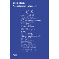 Ein intensiv blaues Buchcover mit dem Titel Yves Klein, Ästhetische Schriften. Darunter steht eine Liste von Wörtern in weißer, krakeliger Handschrift.