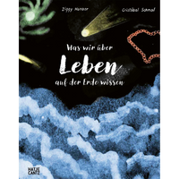 Das Cover des Buches Was wir über Leben auf der Erde wissen zeigt eine Illustration eines dunklen Kosmos mit Himmelskörpern über einem aufgewühlten blauen Meer.
