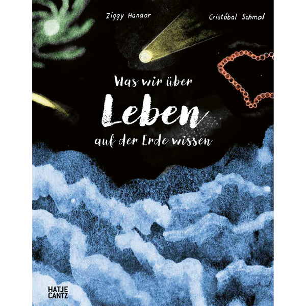Das Cover des Buches Was wir über Leben auf der Erde wissen zeigt eine Illustration eines dunklen Kosmos mit Himmelskörpern über einem aufgewühlten blauen Meer.