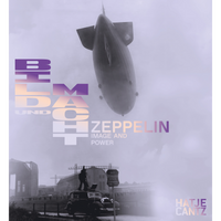 Ein Zeppelin schwebt am Himmel über einer historischen Schwarz-Weiß-Fotografie. Das Buchcover trägt den Titel Bild und Macht sowie Zeppelin Image and Power.