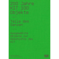 Ein leuchtend grünes Buchcover mit einer gewebten Textur und lilafarbenem Text. Der Titel lautet 200 Jahre KIT 100 Objekte, Teile des Ganzen.