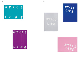 Doppelseite eines Buches mit fünf farbigen Rechtecken, auf denen jeweils in weißer Schrift die Worte STILL LIFE stehen. Die Hintergrundfarben sind Türkis, Lila, Hellgrau, Blau und Rosa.
