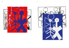 Eine Doppelseite aus einem Buch, die zwei grafische Kompositionen zeigt. Links überlagert ein roter Blockdruck mit blauen und rosa Strichfiguren eine schwarz-weiße Skizze. Rechts ist dieselbe Figurengruppe als blauer Blockdruck mit weißen Figuren dargestellt, der eine schwarz-weiße Skizze von Zuschauern überlagert.