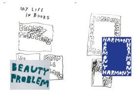 Eine Doppelseite aus einem Buch. Links, auf Seite 158, steht die handschriftliche Überschrift MY LIFE IN BOOKS über Skizzen, die wie Buchcover aussehen. Eine fertige Grafik mit dem türkisfarbenen Text BEAUTY PROBLEM überlagert die Zeichnungen. Rechts, auf Seite 159, sind handgezeichnete Rahmen aus dem Wort HARMONY zu sehen, überlagert von einer fertigen blauen Grafik mit einem weißen Rahmen, der ebenfalls aus dem Wort HARMONY besteht.