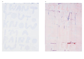 Eine Buchdoppelseite, die zwei Gemälde zeigt. Links steht in hellblauen, abgerundeten Buchstaben auf weißem Grund I WANT YOU TO KNOW I'M A RAINBOW TOO. Rechts ist ein abstraktes Gemälde in blassem Rosa mit lila Farbspuren und kaum sichtbaren Buchstaben.