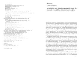 Eine Doppelseite aus einem deutschsprachigen Buch. Links ist ein Inhaltsverzeichnis mit Kapiteln und Seitenzahlen zu sehen. Rechts beginnt das Vorwort von Luca Viglialoro mit dem Titel Sensibilité – der Sinn von Kunst als Kunst des Sinns in Yves Kleins Ästhetischen Schriften.