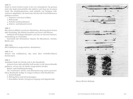 Eine Doppelseite aus einem Buch. Die linke Seite enthält deutschen Text mit Beschreibungen zu architektonischen Konzepten, überschrieben mit ABB. D bis F. Die rechte Seite zeigt eine Reihe von schwarz-weißen, technischen Skizzen von Werner Ruhnau, die Querschnitte und Ansichten von Bauten darstellen.