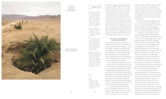 Eine Doppelseite aus einer Publikation mit einem Foto einer Wüstenlandschaft auf der linken Seite und Text auf der rechten. Das Foto zeigt eine große, grüne Palme, die aus einem tiefen Loch im sandigen Boden wächst. Im Hintergrund sind weitere Palmen, einige Menschen und eine Bergkette zu sehen. Der englische Text befasst sich mit dem Thema der Wassersuche in der Wüste.