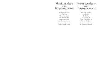 Zwei Spalten mit Text auf weißem Hintergrund. Links auf Deutsch: Machtanalyse und Empowerment: Margret Eicher und die Wiedergeburt der Tapisserie aus dem Geist der Postmoderne, Wolfgang Ullrich. Rechts die englische Übersetzung: Power Analysis and Empowerment: Margret Eicher and the Rebirth of Tapestry from the Spirit of Postmodernism, Wolfgang Ullrich.