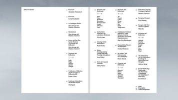 Eine aufgeschlagene Doppelseite eines Buches, die das Inhaltsverzeichnis zeigt. Der Text ist in drei Spalten angeordnet und listet Kapitelüberschriften wie Foreword, Introduction und Notations and Reflections zusammen mit den Autoren und Seitenzahlen auf. Unter den Abschnitten Notations and Reflections stehen thematische Wortlisten, zum Beispiel Light, Night, Shadow und Echo, Noise, Sound.