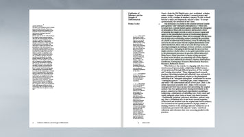 Eine aufgeschlagene Doppelseite eines Buches auf einer grauen Oberfläche. Die linke Seite zeigt einen einspaltigen Text von Alex Arteaga. Die rechte Seite zeigt einen Text von Emma Cocker mit dem Titel Confluence of Influence, and the Struggle of Differentiation, der in eine breite Hauptspalte und eine schmale Nebenspalte gegliedert ist. Das Layout ist minimalistisch mit schwarzer Schrift auf weißen Seiten.