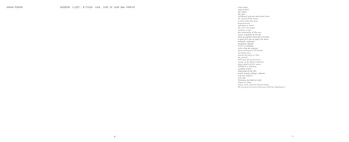 Eine Doppelseite eines Buches auf weißem Hintergrund mit schwarzem Text. Die linke Seite enthält oben den Text SASHA PERERA und BEDROOM. CLOSET. KITCHEN. CAVE. COOK UP YOUR OWN IMPRINT und unten die Seitenzahl 6. Die rechte Seite zeigt einen rechtsbündigen Textblock, der mit den Worten rules aside beginnt und mit the presence between the music and the machine(s) endet. Unten steht die Seitenzahl 7.