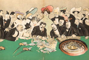 Eine Karikatur im Stil des frühen 20. Jahrhunderts zeigt eine dicht gedrängte Gruppe von Männern und Frauen in Abendgarderobe, die sich um einen grünen Roulettetisch versammelt haben. Ihre Gesichter sind überzeichnet und ihre Blicke auf den Tisch gerichtet, der mit Stapeln von Münzen, Geldscheinen und Croupier-Rechen bedeckt ist, während rechts das Rouletterad zu sehen ist.