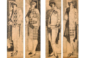 Vier stilisierte, vertikale Bleistiftzeichnungen im Art-déco-Stil, die vier Frauen in der Mode der 1920er Jahre zeigen. Sie tragen Mäntel, Kleider mit Karomustern und Glockenhüte, und eine Hälfte jeder Figur ist dunkel schattiert.