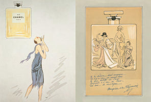 Ein Diptychon mit zwei Vintage-Werbeillustrationen für Chanel No. 5. Links blickt eine Frau im Stil der 1920er Jahre bewundernd zu einem großen Parfümflakon auf. Rechts ist eine Boudoir-Szene mit drei Frauen in die Umrisse eines Flakons gezeichnet, darunter befindet sich handschriftlicher Text.
