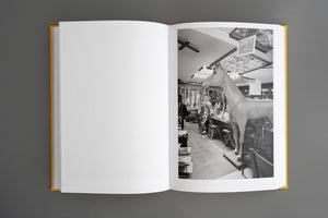Ein aufgeschlagenes Buch mit gelbem Einband auf einer grauen Fläche. Die linke Seite ist leer, die rechte Seite zeigt eine Schwarz-Weiß-Fotografie eines vollgestellten Geschäfts mit einer lebensgroßen Pferdestatue im Vordergrund.
