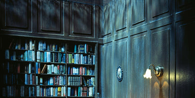 Ecke eines schwach beleuchteten Raumes mit dunkler Holzvertäfelung, einem vollen Bücherregal und einer leuchtenden Wandlampe.