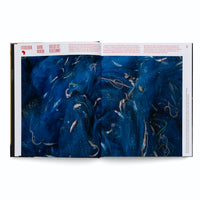 Ein aufgeschlagenes Buch, das eine Fotoreportage mit dem Titel DER SEE IST VERSTUMMT zeigt. Das Foto erstreckt sich über beide Seiten und ist eine Nahaufnahme eines Haufens leuchtend blauer Fischernetze, in denen viele kleine, silbrige Fische gefangen sind.