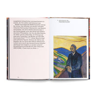 Ein aufgeschlagenes Buch zeigt auf der linken Seite deutschen Text und auf der rechten Seite das expressionistische Gemälde Friedrich Nietzsche von Edvard Munch. Das Porträt zeigt Nietzsche in einem dunklen Anzug an einem Geländer stehend, vor einer wirbelnden Landschaft mit einer Stadt am Wasser.