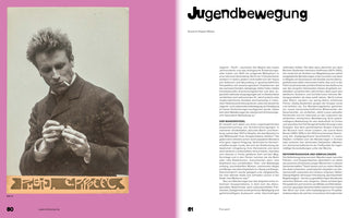Eine Magazin-Doppelseite über die Jugendbewegung. Links auf pinkem Hintergrund befindet sich eine sepiafarbene Fotografie eines jungen Mannes mit zerzaustem Haar, der eine Zigarette anzündet. Rechts steht der dazugehörige Textartikel, überschrieben mit Jugendbewegung in einer markanten, abgerundeten Schrift.