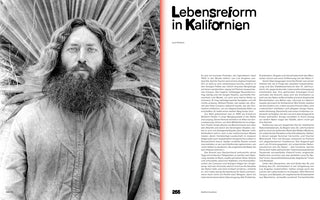 Eine Schwarz-Weiß-Fotografie eines Mannes mit langen Haaren und vollem Bart auf der linken Seite einer Buchdoppelseite. Rechts daneben der Artikel mit der Überschrift Lebensreform in Kalifornien.