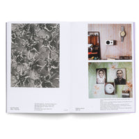 Aufgeschlagenes Kunstbuch auf einer Doppelseite. Links eine Schwarz-Weiß-Fotografie von Karl Blossfeldt, die eine Nahaufnahme von verschlungenen Pflanzenteilen zeigt. Rechts zwei Farbfotografien von Stephen Shore: Das obere Bild zeigt eine gemusterte Tapete, an der eine Armbanduhr und ein Lautsprecher hängen. Das untere Bild zeigt eine grüne Blumentapete mit zwei gerahmten Porträts und einer runden Wanduhr.
