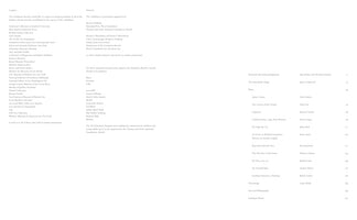 Eine Doppelseite aus einem Buchkatalog. Links befindet sich eine Liste der Leihgeber und Partner. Rechts ist das Inhaltsverzeichnis mit Titeln, Autoren und Seitenzahlen abgebildet. Der gesamte Text ist auf Englisch.