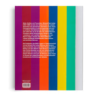 Rückseite eines Buches mit einem Muster aus breiten, vertikalen Farbstreifen in Magenta, Dunkelrosa, Orange, Gelb und Türkis. Weißer Text in deutscher Sprache ist über die Streifen gedruckt und beschreibt den Künstler Richard Paul Lohse. Unten links befinden sich die ISBN, ein Barcode und die Website des Verlags.