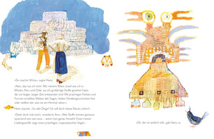 Eine illustrierte Doppelseite aus einem Kinderbuch. Links stehen ein Mann mit Kamera und eine Frau vor einer antiken Tempelruine. Rechts ist eine große, bunte, vogelähnliche Figur abgebildet, die aus gewebten Mustern zu bestehen scheint. Ein kleiner, blauer Vogel blickt zu ihr auf.